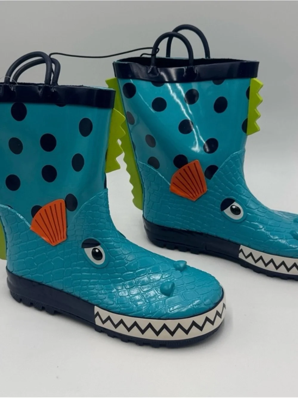 Kids Blue Monster Rain Boots with Playful Polka Dot Design